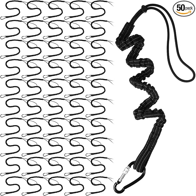 LEIFIDE 50pcs Tool Lanyard Standard Length Safety Tool Leash 17.6lb 8kg Tough Adjustable Fall Protection Tether with Aluminum Screw Lock Buckle, Shock Cord Stopper and Retractable Loop End, Black