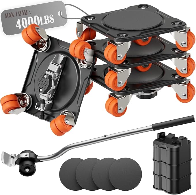 Furniture Movers with Parking Lock, 10-Wheel & 8-Wheel Dual-Wheel Caster Dollies, Heavy Duty Square Dolly Set with Furniture Lifter and Base, 360° Swivel Casters, Up to 4000 lbs Load Capacity