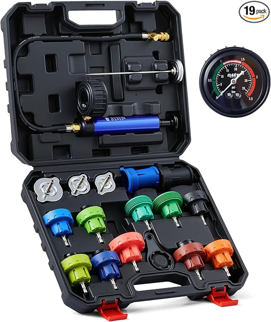 Orion Motor Tech Coolant Pressure Tester Kit, 19pc Radiator Pressure Tester Kit with 15 Radiator Adapters & Wrench, Cooling System Pressure Tester Kit with Vacuum Pump & Probe Thermometer