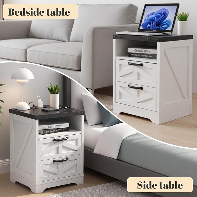 GarveeHome Farmhouse Nightstand -Night Stand White with Charging Station, Bed Side Tables Bedroom with 2-Drawer USB, Industrial End Table, Sturdy Engineered Wood (White with Drawer)