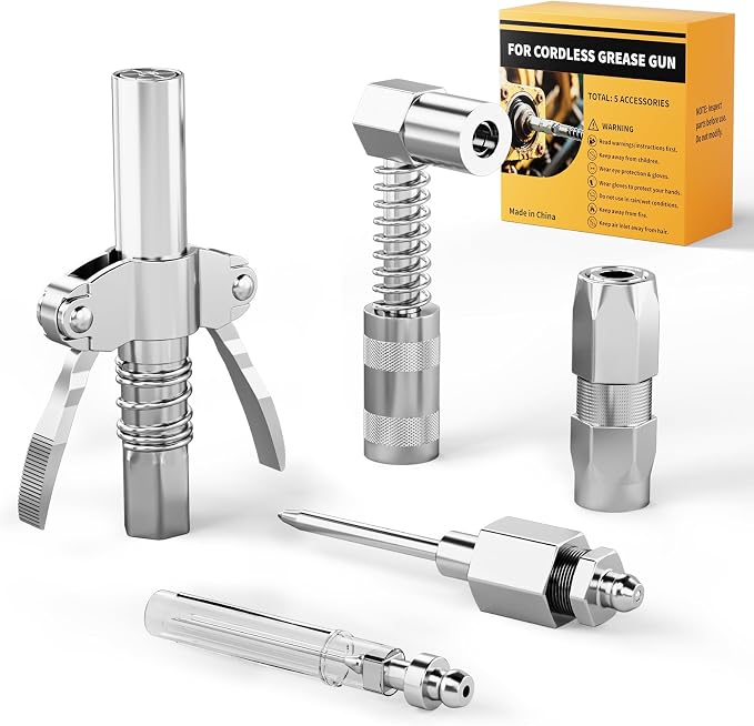 DIYtoolifz Grease Gun Accessory Kit, Includes Quick-Release Coupler, 90 Degree Grease Gun Coupler Adapter, 1/8" NPT Grease Gun Coupler, 2 Grease Needle Tips for Cars, Trucks, Machinery & DIY Projects