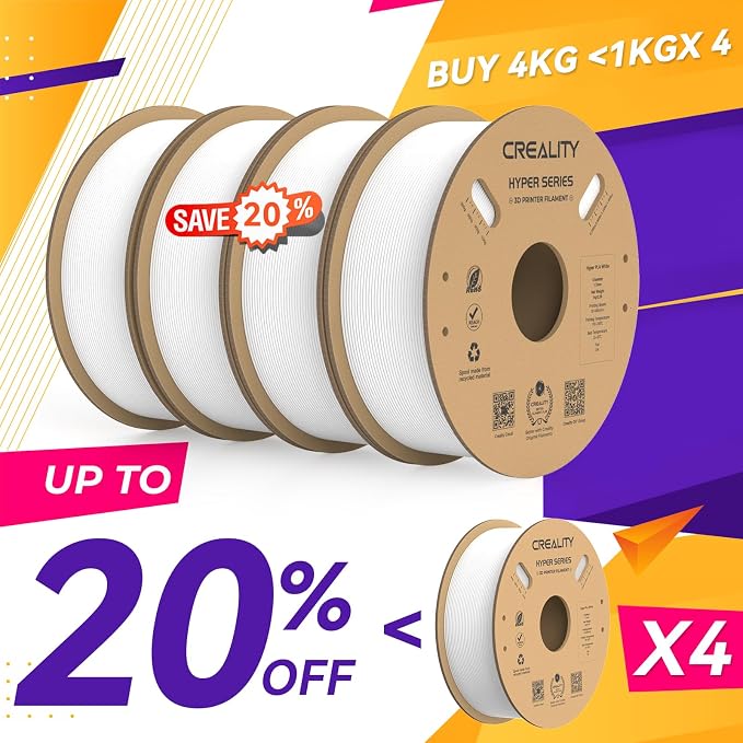 Creality Hyper PLA Filament 1.75mm, 30-600mm/s High Speed 3D Printer Filament, Dimensional Accuracy +/-0.02mm, Fit Most FDM 3D Printers, 4 Pack 1kg Spool(2.2lbs), White