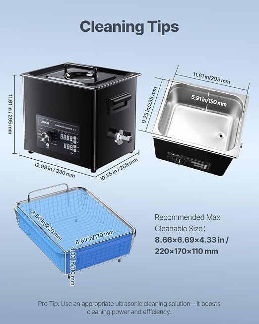 VEVOR 10L Ultrasonic Cleaner, Professional Ultrasonic Cleaner Machine with Knob Control, Stainless Steel Cleaning Machine with Basket and Cleaning Ball, for Watches, Razors, Jewelry, Coins and More