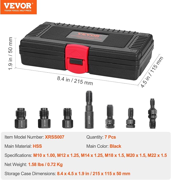 VEVOR Thread Chaser Set 7-Piece - Metric Thread Restorer Tool - M10 M12 M14 M18 M20 M22 Rethreading Tool Kit with Storage Case for Automotive Thread Repair Applications