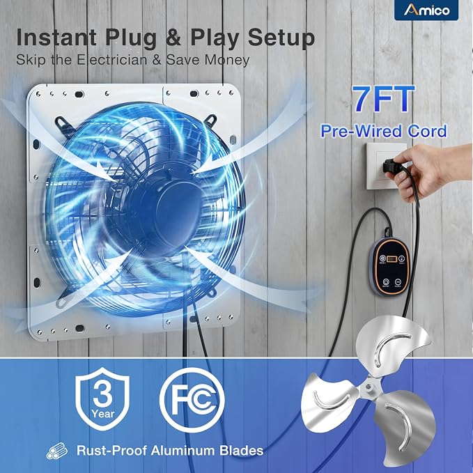 Amico 10" Smart Shutter Exhaust Fan with Thermostat & 8 Speed, 1073 CFM (Up to 1400 Sq.Ft),13W Ultra-Efficient DC Motor, Wall Mount Garage/Attic/Greenhouse/Kitchen Vent Fan, Plug & Play, FCC