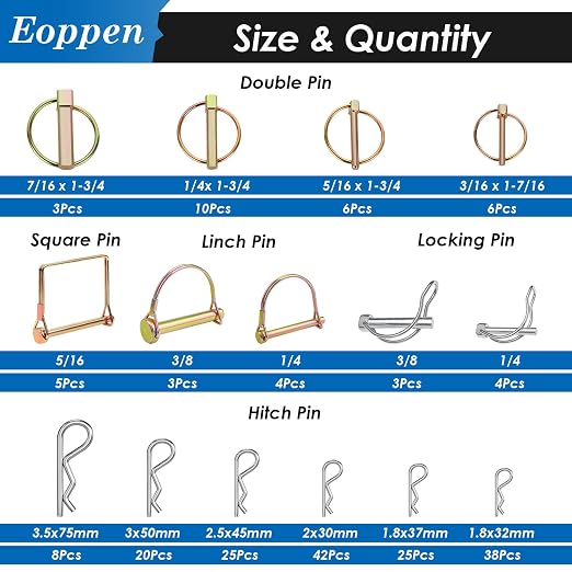 202Pcs Hitch Pins Clip Pins Linch Pins PTO Pins and Shaft Locking Pins Assortment Kit 5 Styles Tractor Pins Fasteners for Trailers, Tractors, Trucks, Lawn Mower