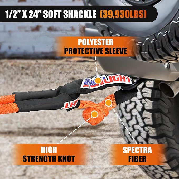 Nilight Kinetic Recovery Tow Rope Kit with 2 Soft Shackle 1" x 20ft Heavy Duty Offroad Tow Rope Snatch Strap Towing Strap kit 48,000LBS for UTV ATV SUV Truck Car Jeep Tractor