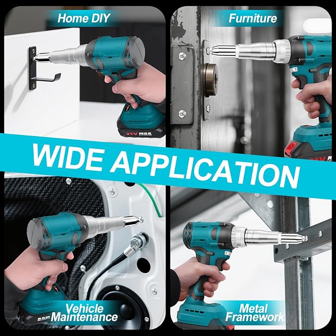 Cordless Rivet Gun with 2×2.0Ah Battery, Automatic Electric Rivet Gun Tool Brushless Pop Rivet Gun Kit for 3/32", 1/8", 5/32", 3/16" Rivets for Metal, Plastic and Leather