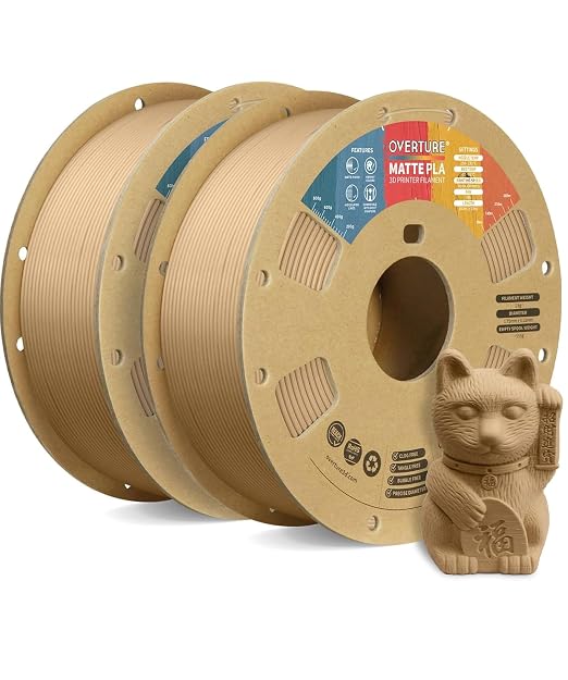 OVERTURE 2KG Bundle Matte PLA, Low Warp & Matte Surface 3D Printer Filament | Frosted Matt Finish Hides Layer Lines, 2 Pack 1kg Spool (2.2lbs) Cardboard Spool, Fit Most FDM Printer (Matte Light Brown*2)