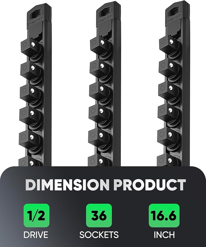 ALOANES Magnetic Socket Organizer Set, 3-Piece Heavy Duty Aluminum Socket Rails, 360° Swivel Clips Socket Rail Kit for Tool Tray Drawer Fit 1/2-Inch x 36 Clips (Black, 3PC)