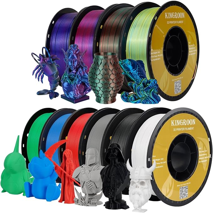 Kingroon PLA 3D Printer Filament,10 Rolls, 10kg Spool(22lbs),Single and Triple Color1.75 mm,4 Triple Color Silk PLA+6 PLA