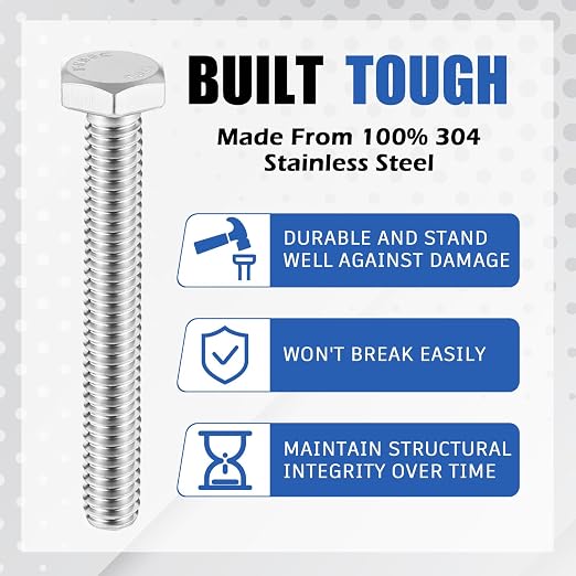 Zonon 50 Pcs 1/4-20 x 2 Hex Head Screw Bolt 18-8 (304) Stainless Steel Hexagon Bolts, Fully Threaded, Plain Finish, External Hex Drive (Silver)