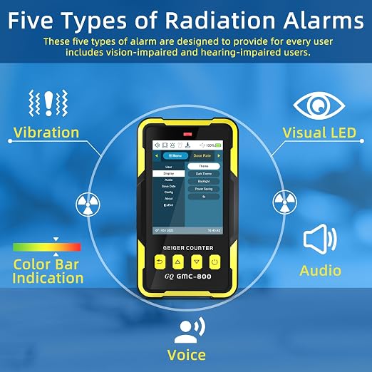 Nuclear Radiation Detector GQ GMC-800 USA Design Product US National Standard Large Color LCD Display 5 Alarm Types Dosimeter Data Save & Global Share Beta Gamma X-ray Portable Multifunction Device