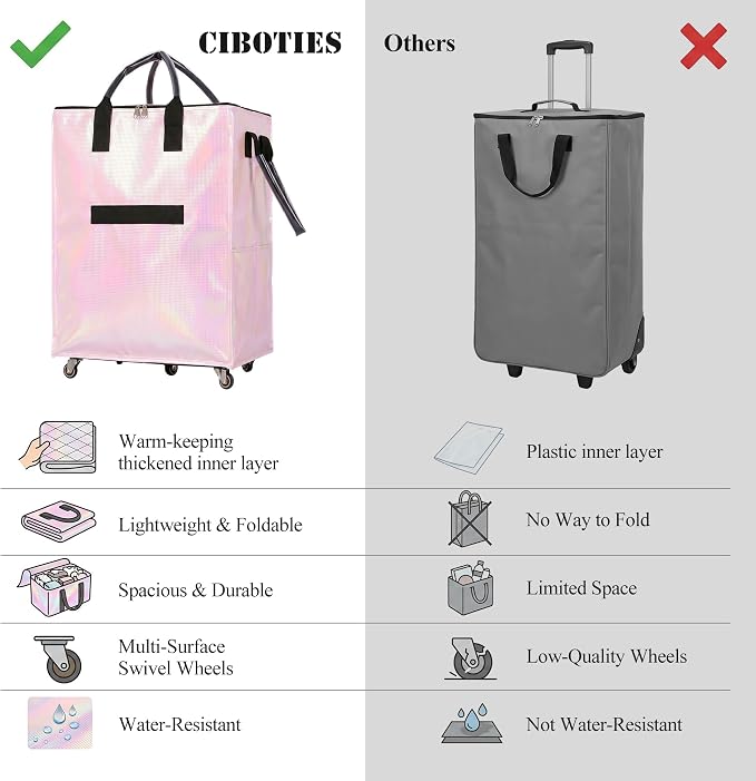 Reusable Grocery Bag on 5 Wheels, Rolling Shopping Bags with Removable Baseboard, Foldable Tote Cart for Groceries, Laundry, Organization, Moving (Pink)