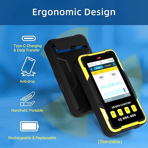 Nuclear Radiation Detector GQ 800 Geiger Counter USA Design Product US National Standard Large Color LCD Display 5 Alarm Types Dosimeter Data Save & Global Share Beta Gamma X-ray Portable Device