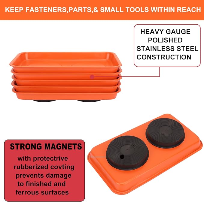 5 PCS Magnetic Trays, 9.4X5.5x1.4Inch, Magnet Tool Tray, Magnetic Parts Tray, orange, by GENHAKON