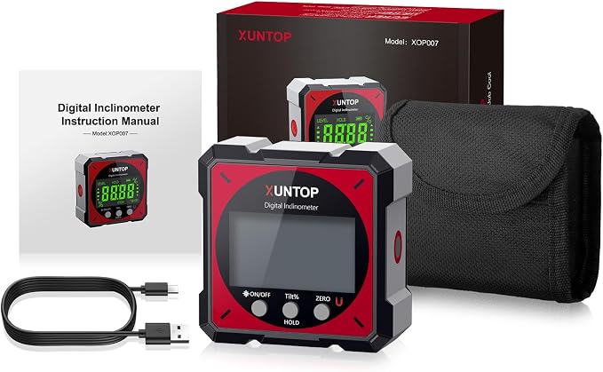 XUNTOP USB Charging Digital Angle Finder Level Box with Laser (Class 2, <1mW Output), 4-side Strong Magnetic Angle Gauge IP54 Waterproof Inclinometer Level for Hanging Decorations Woodworking