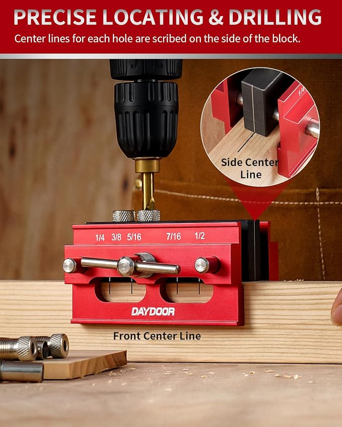 DAYDOOR 6.7" Self Centering Dowel Jig, Wide Capacity Doweling Jig & Drill Guide for Woodworking, Complete Kit with 6 Steel Bushings for Straight Holes(Red)