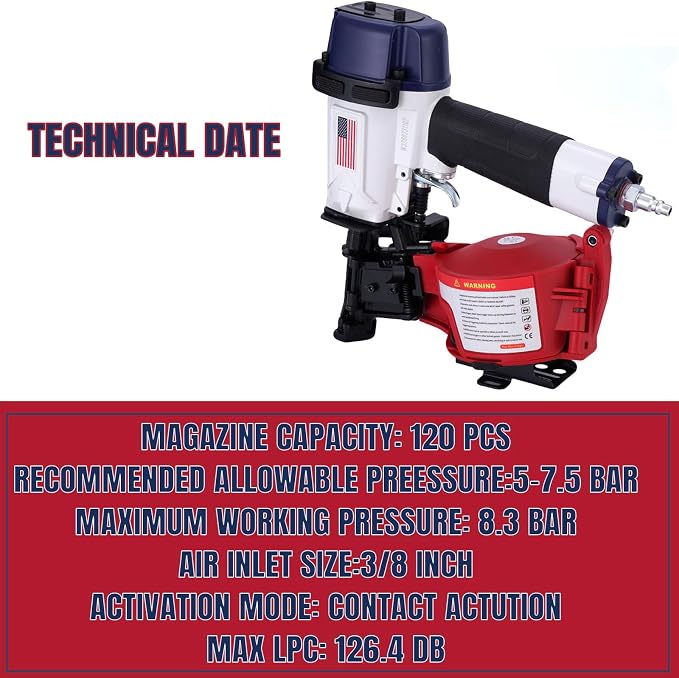 American Style CN45N Roofing Nailer, 15 Degree Roofing Nail Gun, 3/4-Inch to 1-3/4-Inch Coil Nails, 120-pcs Load Capacity Coil Nailer