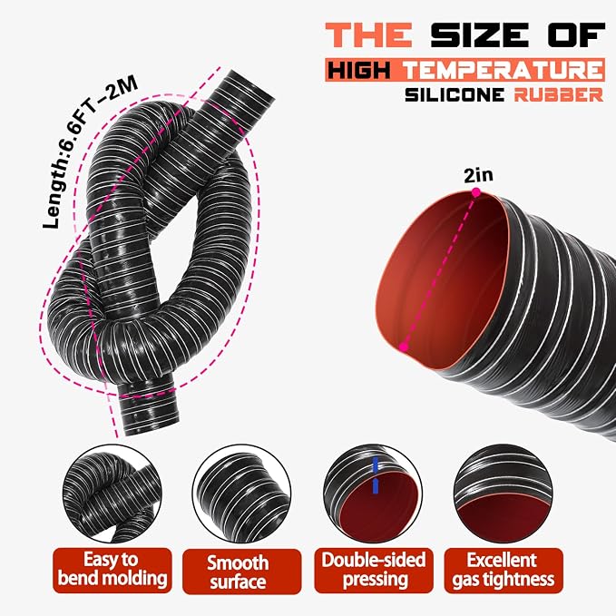 2 in Intake Hose Automotive Air Duct Hose Length 2 Meter (6.6 Feet) Double-layer Silicone Flexible Brake Cooling Ducting Induction vacuum hose for Air System (Black)