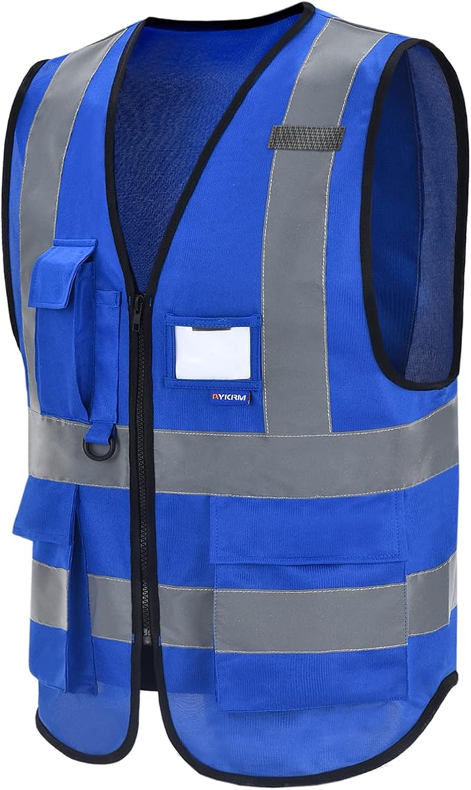 A-SAFETY Reflective Construction Vest, Reinforced Points, Zipper, Blue, XS | Blue XS safety vest with clear ID holder, mic tabs and reflective strips for mechanical work and equipment maintenance.