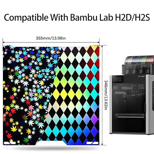 355x346mm H2D Build Plate for Bambu Lab H2D/H2S,Double-Sided Maple Leaf & Lattice Pattern Smooth Holographic Spring Steel Sheet,Flexible Easy Release Print Bed Platform Bambu H2D Accessories