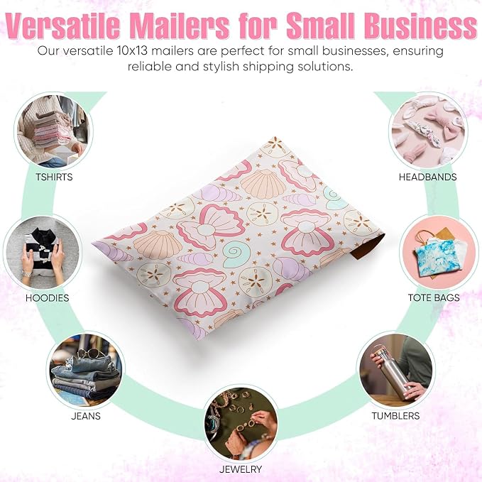 Package Mint Poly Mailers 10x13-100 Pack Coastal Seashells Design Poly Mailer Shipping Bags - Waterproof, Tear-Resistant, Self Adhesive Seal - Decorative Mailing Bags for Clothes and Accessories