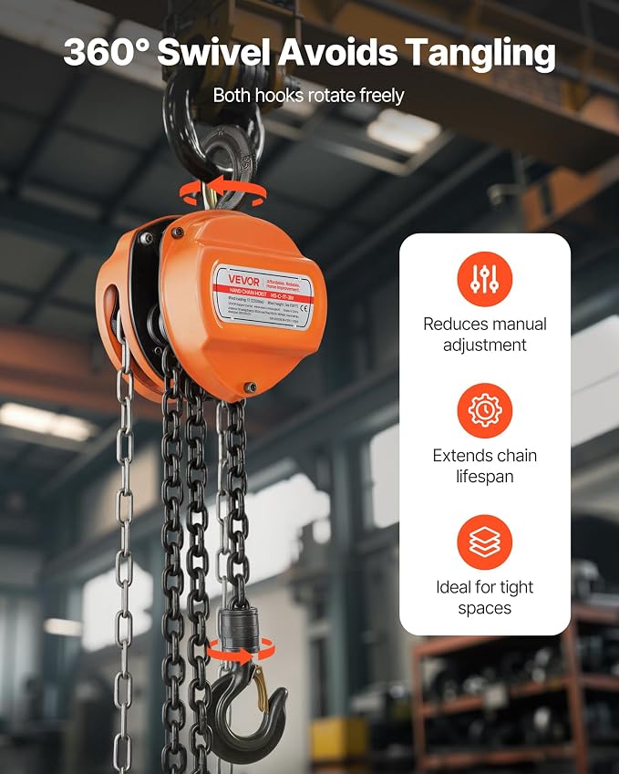 VEVOR Hand Chain Hoist, 1 Ton 2200 lbs Capacity, Manual Chain Block with Upgrade G80 Galvanized Chain, 10 ft Lifting Height, Heavy Duty Pulley Hoist for Garage Warehouse Automotive Machinery, Orange