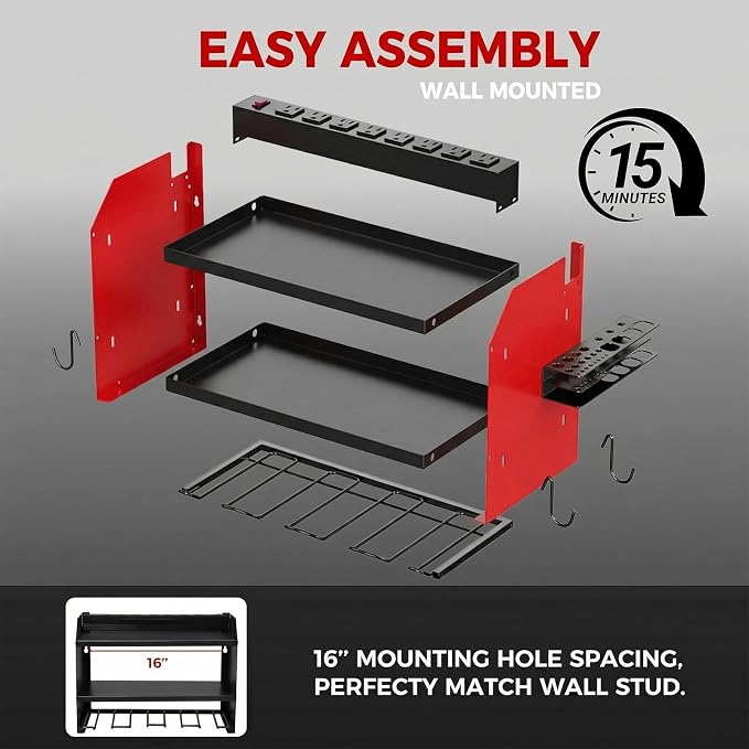 Power Tool Organizer Wall Mount with Charging Station, Heavy Duty 3 Layer Garage Tool Storage with 4 Cordless Drill Holder and 8 Outlet Power Strip, Gift for Men Husband Dad Birthday Anniversary red