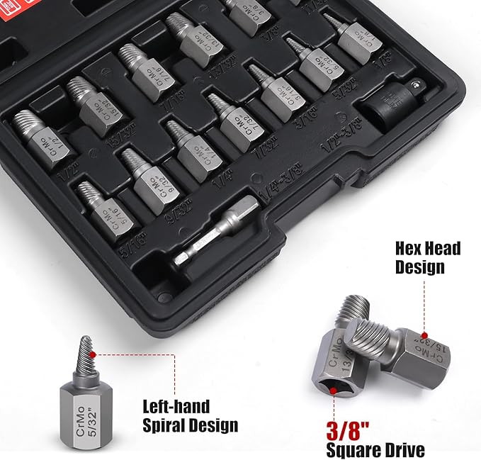 15 Pieces Screw Extractor Set, Easy Out Bolt Extractor Kit, 3/8" Inch Drive Hex Head Multi-Spline Bolt Remover Kit Tool for Removing Stripped, Broken Rusted Bolts Screws
