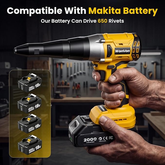 WonVon Cordless Electric Rivet Gun Tool 20V Max Battery, Brushless Automatic Kit Rivets, Pop Rivet Gun with 3 Size (1/8", 5/32", 3/16") Rivets, 1*Battery, Fast Charger, Rivet Head, Led Light