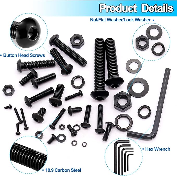 Twidec/3038PCS Metric Screw Assortment M2 M3 M4 M5 M6 M8 Machine Screws(4mm-45mm long) Grade 10.9 Button Head Hex Socket Cap Screws Metric Bolts Nuts Washer Assortment Kit Black Screws