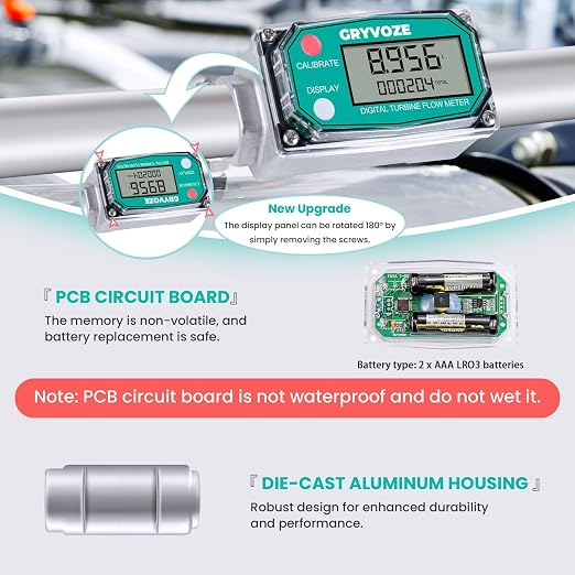 3/4 Inch Digital Turbine Water Fuel Flow Meter with 3/4 Inch NPT Male, 0.8-13.2 GPM Inline NPT Thread ±1% Accuracy Flowmeter for Diesel, Gas Oil, Gasoline, and Other Liquids
