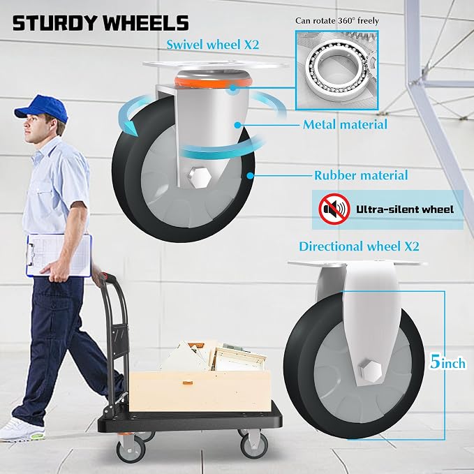 Platform Truck, Foldable Handcart with Swivel Wheel 34"x22" Heavy-Duty Push Dolly Cart,1000lbs Capacity, 6 Steel Load-Bearing Beams for Warehouse Garage Home Use