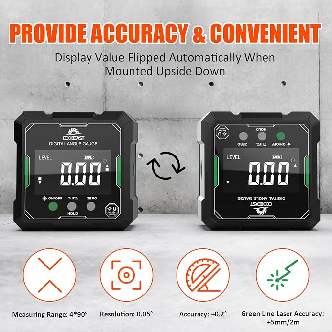 Digital Angle Finder with Green Laser, 4-side Magnetic Digital Laser Level, Rechargeable Mini Angle Gauge Measuring Tool Cube Inclinometer with Backlight for Woodworking Tablesaw Gift for Men