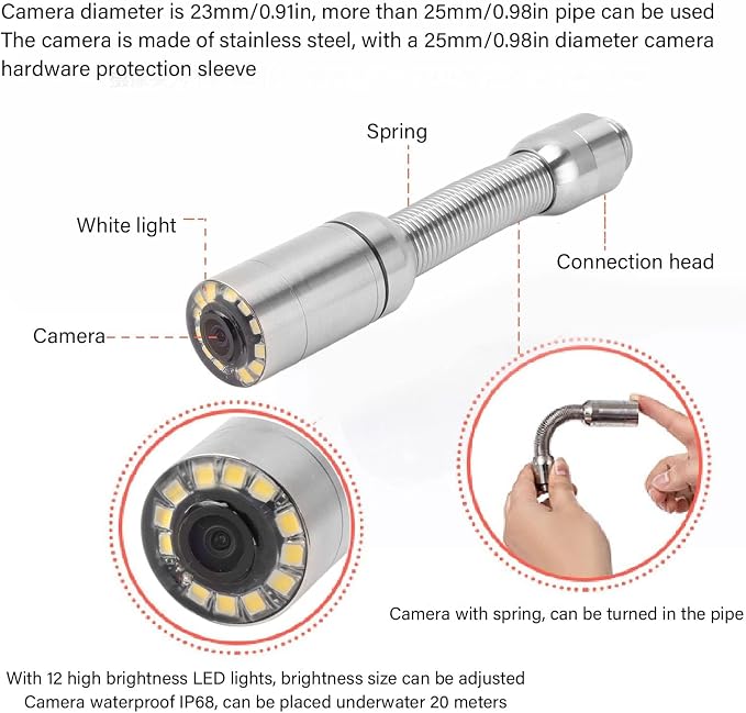 Sewer Inspection Camera Pipe Drain Endoscope 0.9inch/23mm IP68 with 12 LED Lights Professional