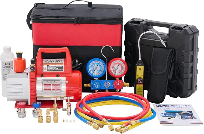 NEWBULIG 4CFM Single Stage Vacuum Pump 110V, with R134a AC Manifold Gauge Set & Leak Detector - Complete Kit for HVAC Air Conditioning Service, Refrigerant Recharging and Recovery