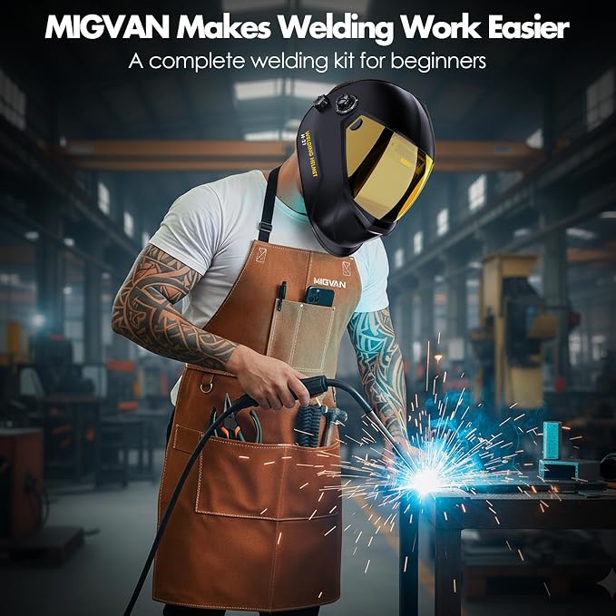 Welding Helmet Auto Darkening H-21 with Leather MIG Welding Work Apron, Welding Hood True Color & Heat Flame Resistant Apron
