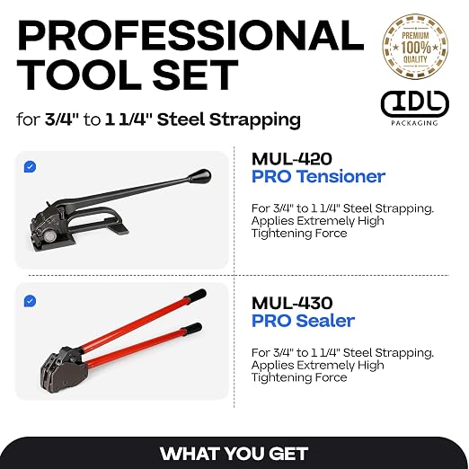 IDL Packaging PRO Strapping Tool Set for 3/4" to 1 1/4" Steel Strapping – Heavy-Duty Tensioner and Sealer for Metal Banding – Packaging Strapping Tool Kit to Secure Heavy Packages