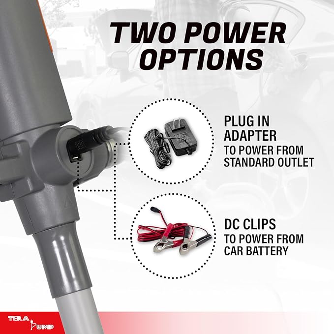 TERA PUMP 3rd Gen. Fuel Transfer Pump w/Quick Flow Control Nozzle - [ 2X Electric Power Options ] 12V AC/DC Plug-in & DC Inverter Clips, 8.2FT Discharge Hose, Gas, Diesel, Water (2.4 GPM)