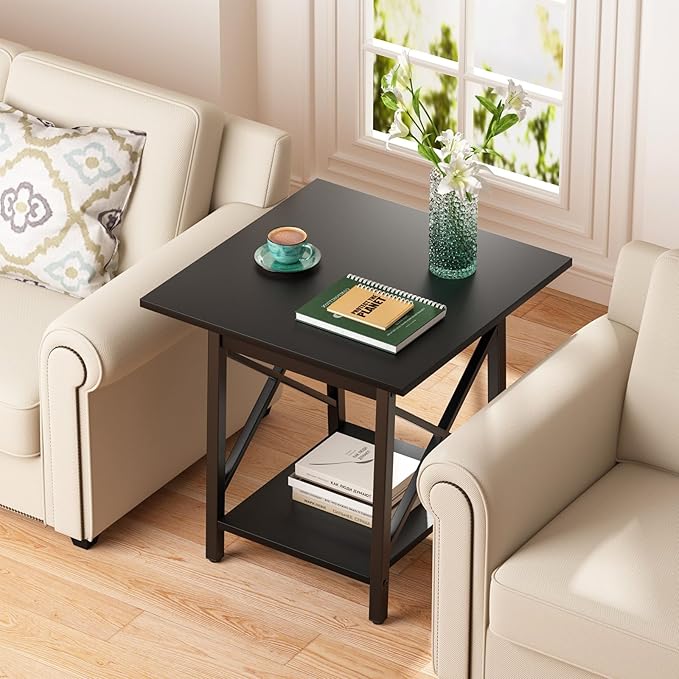GreenForest Square End Table 24 Inch with X-Frame 2-Tier Storage | Nightstand for Living Room & Bedroom, Rustic Decor, Sturdy, Waterproof Scratchproof Top, Easy Assembly, Black