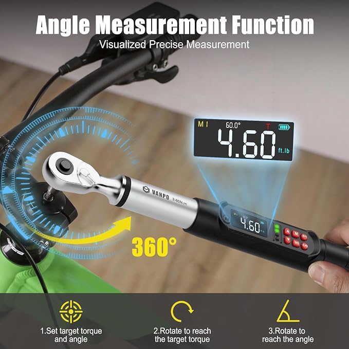 VANPO 3/8 Digital Angle Torque Wrench 2.2-44.2 Ft.lb, ±2% Accuracy | 3-60 Nm Electronic Torque Wrench, Buzzer LED Vibration Alarm, Perfect for Engine, Spark Plug, Carbon Fiber Bike & Motorcycle