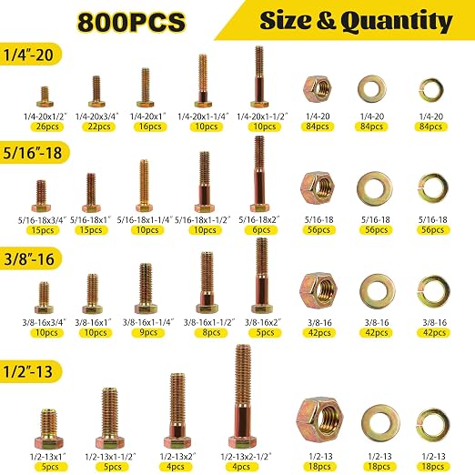 800PCS SAE Bolts and Nuts Assortment Kit,1/4-20, 5/16-18, 3/8-16, 1/2-13 Grade 8 Heavy Duty Hex Bolts Nuts and Washers Assorted kit,Yellow Zinc Plated