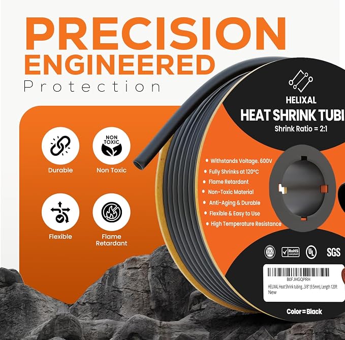 3/8" 9.5mm HELIXAL 2:1 Heat Shrink Tubing, Electrical Industrial Shrink Tube for Wire Insulation, Shrink Wrap Tubing, Electrical Insulation, Flame Retardant Cable Management Spool 120ft