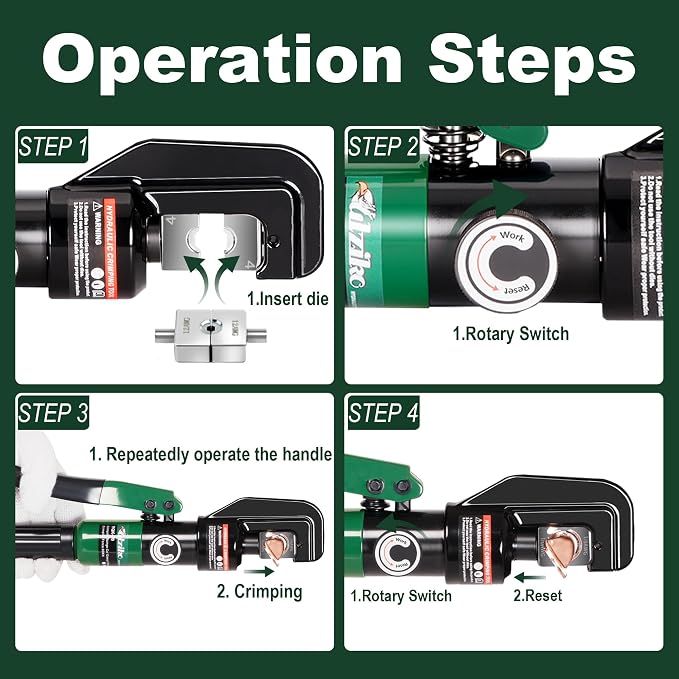 Hydraulic Cable Lug Crimper 10 US TON 12 AWG to 00 (2/0) Electrical Terminal Cable Wire Tool Kit with 9 Die (12awg~00awg Crimping Tool)
