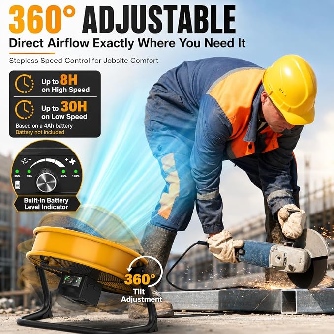12" Battery Operated Floor Fan Compatible with Dewalt 20V Max Battery, Portable Fan with AC Adapter and USB Output, Metal Industrial High Velocity, Stepless Speed Cordless Fan for Jobsite Garage