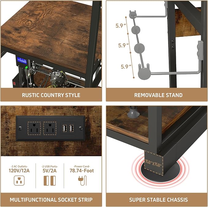 3D Printer Stand with Filament Storage,3D Printer Rack with Power Outlet,Heavy-Duty 3D Printer Storage Shelf for ABS/PLA/TPU Filament Spools,Perfect for 3D Printing Workshops, Retro Brown