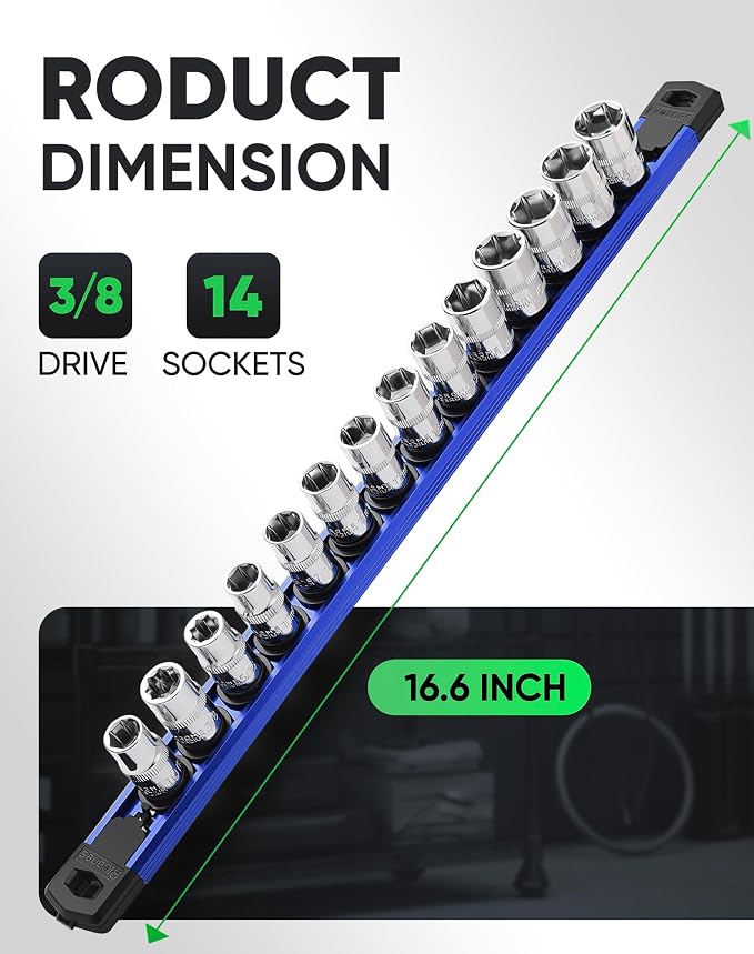 ALOANES Magnetic Socket Organizer Set, 3/8-Inch Drive Heavy Duty Aluminum Socket Rail Organizer, 360° Swivel Clips Socket Holder Kit for Toolbox Drawer Fit 3/8-Inch x 14 Clips (Blue, 1PC)