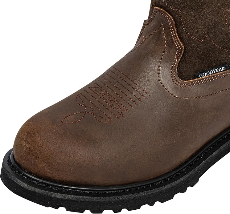 J‘s.o.l.e Men's Cowboy Work Boots Leather Goodyear Welt Non-Slip Rubber Outsole Round Toe Pull-On Brown – Steel Toe & Soft Toe Options
