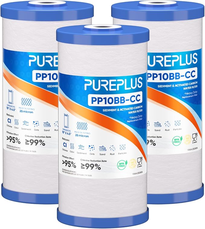 PUREPLUS 25 Micron 10" x 4.5" Whole House Sediment and Carbon Water Filter Replacement Cartridge for GE FXHTC, GXWH40L, GXWH35F, GNWH38S, Culligan RFC-BBSA, WRC25HD, PP10BB-CC, Pentek RFC-BB, 3Pack